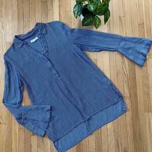 Beachlunchlounge Blue & White Pinstripe Bell Sleeve Pullover Tunic Blouse Size S